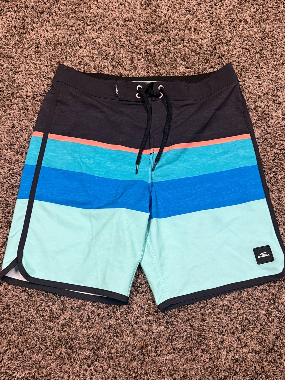 O'Neill Black, Aqua & Coral Striped Men’s Boardshorts